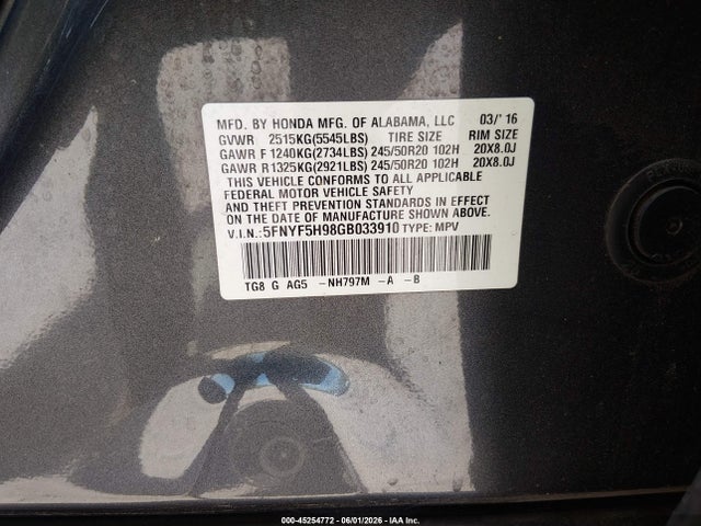 Honda Pilot Touring 2016 5FNYF5H98GB033910 Image 9
