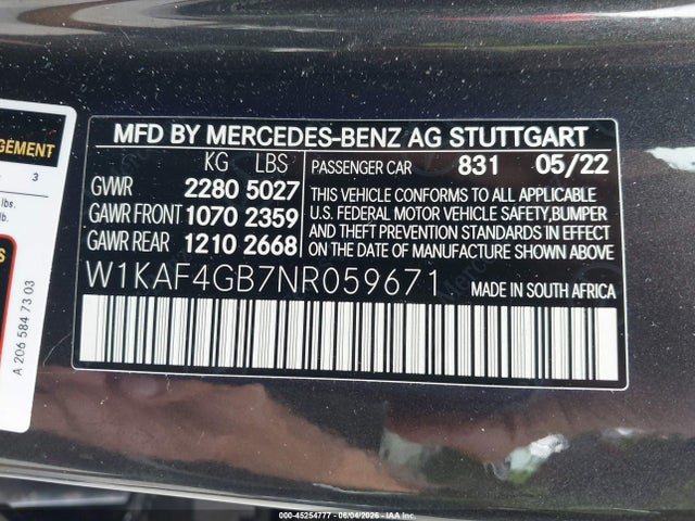 Продажа на аукционе авто 2022 Mercedes-benz C 300 Sedan, vin: W1KAF4GB7NR059671, номер лота: 45254777