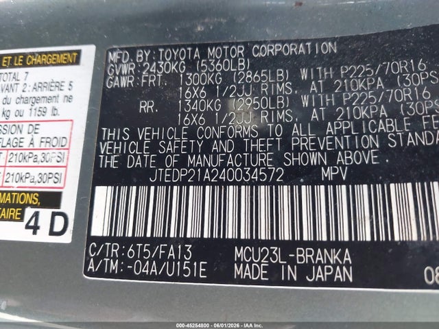 Aukcja sprzedaży 2004 Toyota Highlander V6, vin: JTEDP21A240034572, numer aukcji: 45254800