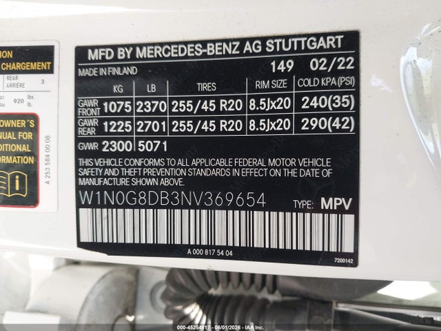 Aukcja sprzedaży 2022 Mercedes-benz Glc 300 Suv, vin: W1N0G8DB3NV369654, numer aukcji: 45254817