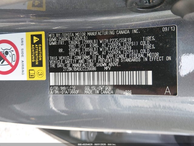 45254829 :رقم المزاد ، 2T2BK1BA5EC226686 vin ، 2014 Lexus Rx 350 مزاد بيع