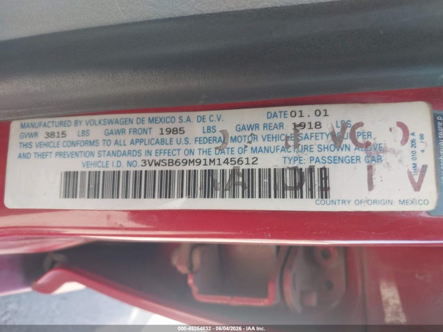 45254832 :رقم المزاد ، 3VWSB69M91M145612 vin ، 2001 Volkswagen Jetta Gls مزاد بيع