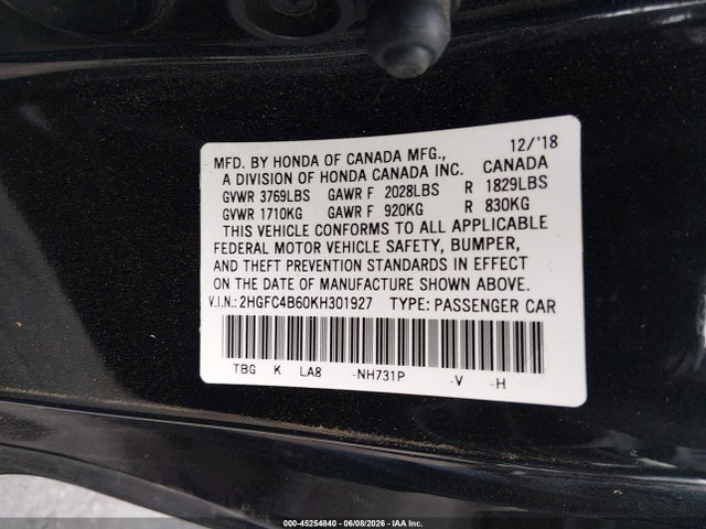 Honda Civic Lx 2019 2HGFC4B60KH301927 Image 9