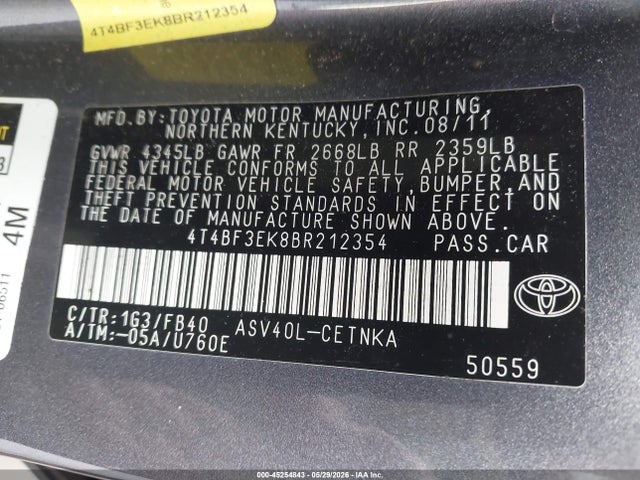 45254843 :رقم المزاد ، 4T4BF3EK8BR212354 vin ، 2011 Toyota Camry Le مزاد بيع