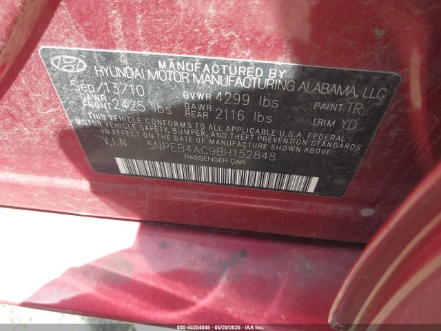 2011 Hyundai Sonata Gls მანქანა იყიდება აუქციონზე, vin: 5NPEB4AC9BH152848, აუქციონის ნომერი: 45254848