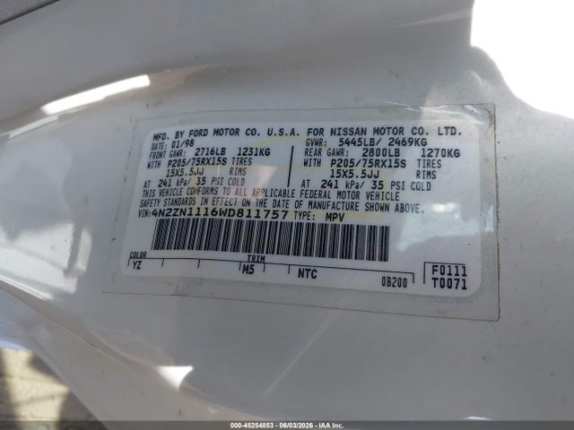 Aukcja sprzedaży 1998 Nissan Quest Gxe/xe, vin: 4N2ZN1116WD811757, numer aukcji: 45254853