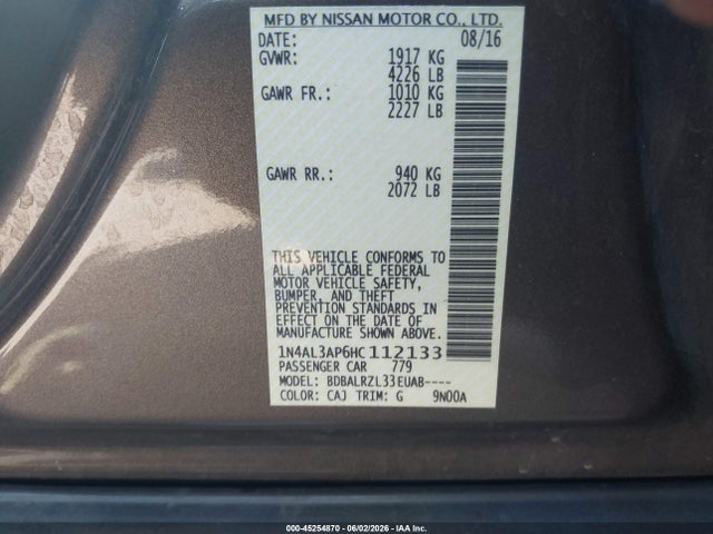 Продаж на аукціоні авто 2017 Nissan Altima 2.5/2.5 S/2.5 Sl/2.5 Sr/2.5 Sv, vin: 1N4AL3AP6HC112133, номер лоту: 45254870