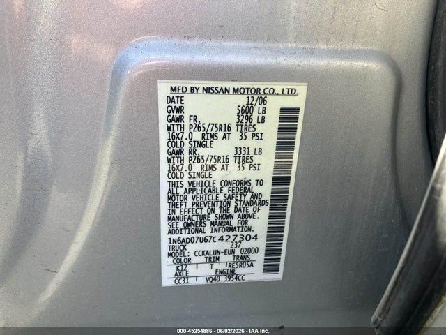 Продажа на аукционе авто 2007 Nissan Frontier Nismo Off Road, vin: 1N6AD07U67C427304, номер лота: 45254886