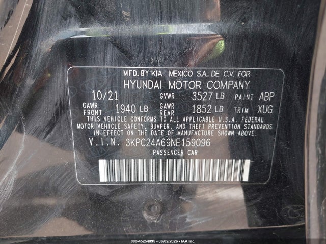 Aukcja sprzedaży 2022 Hyundai Accent Se, vin: 3KPC24A69NE159096, numer aukcji: 45254895
