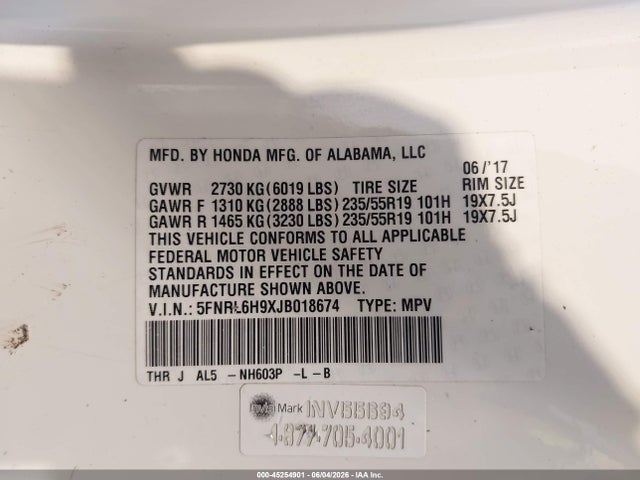 5FNRL6H9XJB018674 Honda Odyssey Elite