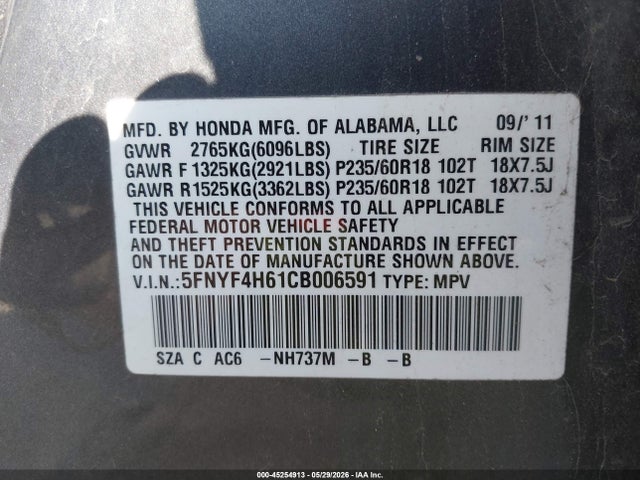 Aukcja sprzedaży 2012 Honda Pilot Ex-l, vin: 5FNYF4H61CB006591, numer aukcji: 45254913