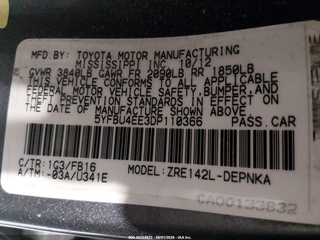 Aukcja sprzedaży 2013 Toyota Corolla Le, vin: 5YFBU4EE3DP110366, numer aukcji: 45254923
