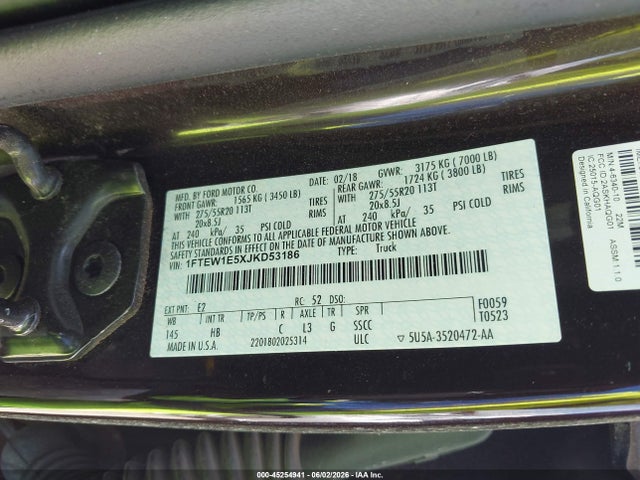 Продажа на аукционе авто 2018 Ford F-150 Lariat, vin: 1FTEW1E5XJKD53186, номер лота: 45254941
