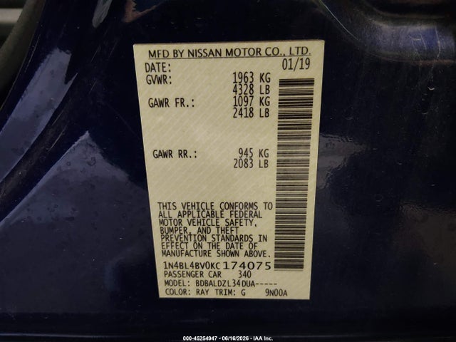 Nissan Altima 2.5 S 2019 1N4BL4BV0KC174075 Image 9