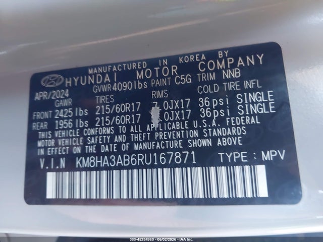 45254960 :رقم المزاد ، KM8HA3AB6RU167871 vin ، 2024 Hyundai Kona Se مزاد بيع