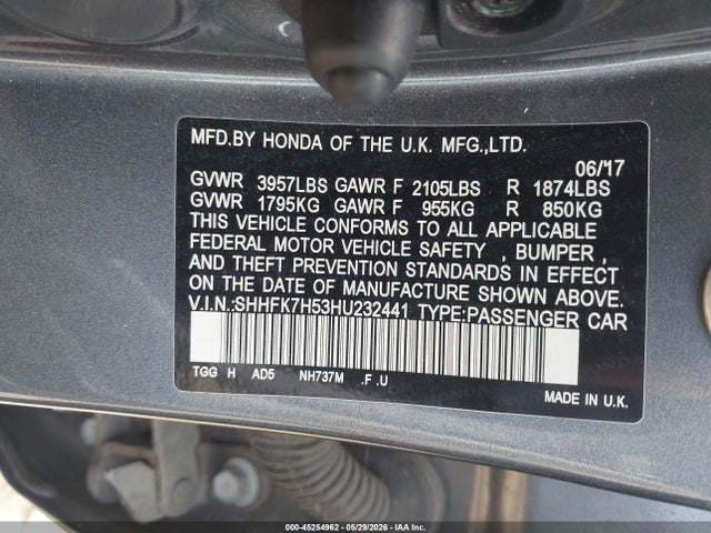 Продаж на аукціоні авто 2017 Honda Civic Ex, vin: SHHFK7H53HU232441, номер лоту: 45254962