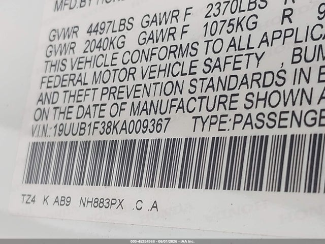 45254968 :رقم المزاد ، 19UUB1F38KA009367 vin ، 2019 Acura Tlx Standard مزاد بيع