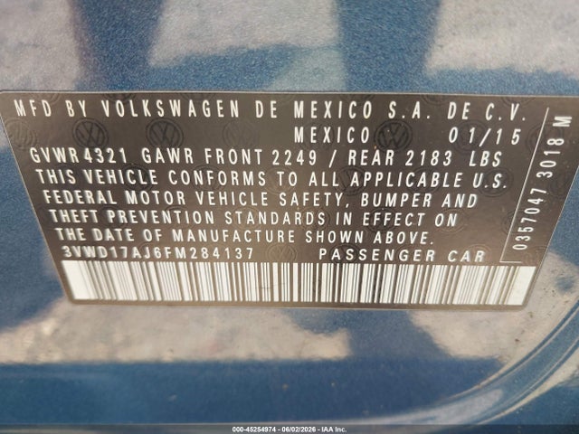 45254974 :رقم المزاد ، 3VWD17AJ6FM284137 vin ، 2015 Volkswagen Jetta 1.8t Se مزاد بيع