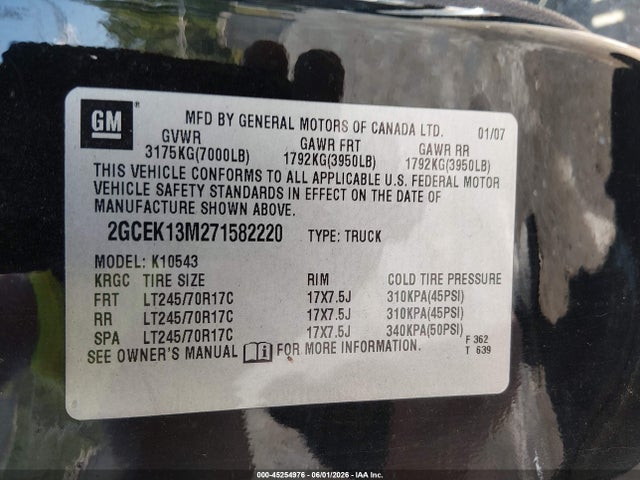 2007 Chevrolet Silverado 1500 Lt1 მანქანა იყიდება აუქციონზე, vin: 2GCEK13M271582220, აუქციონის ნომერი: 45254976