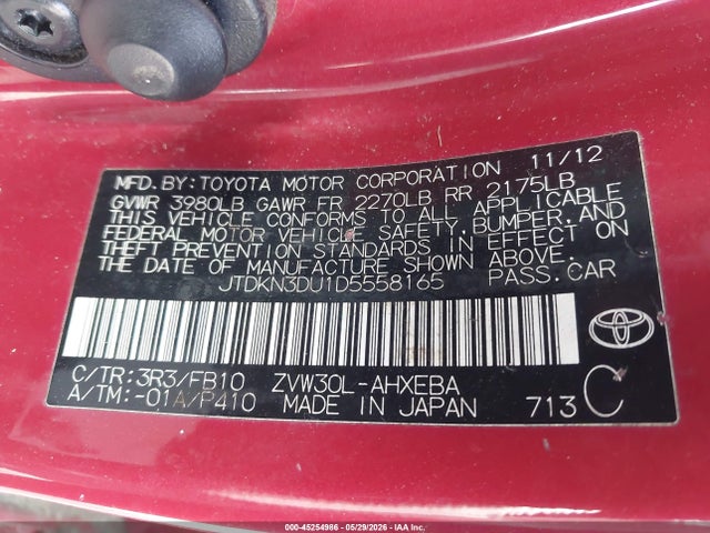 Продаж на аукціоні авто 2013 Toyota Prius Two, vin: JTDKN3DU1D5558165, номер лоту: 45254986