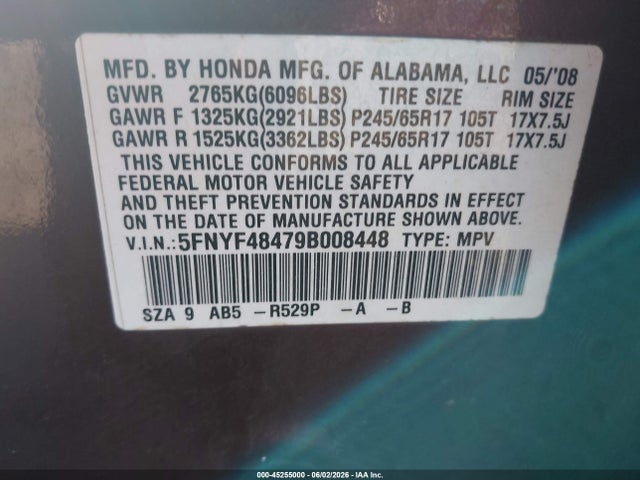 Aukcja sprzedaży 2009 Honda Pilot Ex, vin: 5FNYF48479B008448, numer aukcji: 45255000