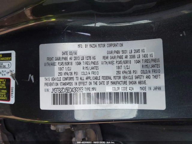 2014 Mazda Cx-9 Touring მანქანა იყიდება აუქციონზე, vin: JM3TB2CV5E0439283, აუქციონის ნომერი: 45255003
