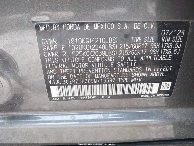 3CZRZ1H30SM713587 Honda Hr-v 2wd Lx