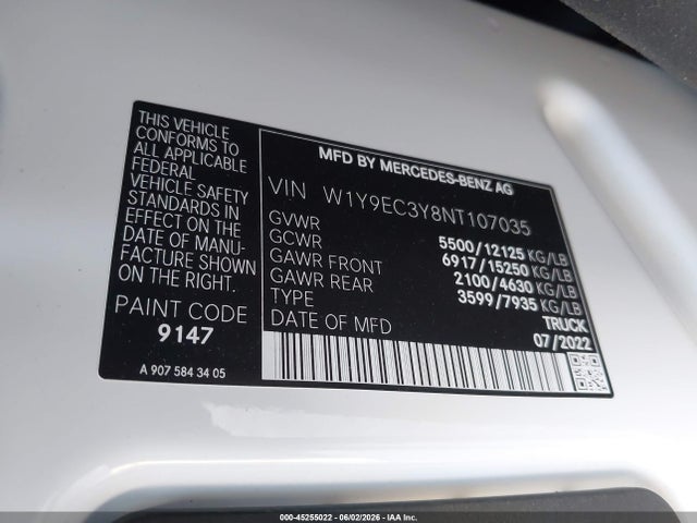 W1Y9EC3Y8NT107035 Mercedes-Benz Sprinter 4500 High Roof V6