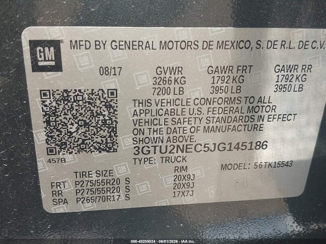 Aukcja sprzedaży 2018 Gmc Sierra 1500 Slt, vin: 3GTU2NEC5JG145186, numer aukcji: 45255024