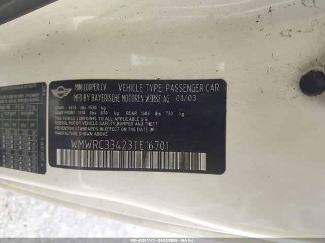Продаж на аукціоні авто 2003 Mini Cooper, vin: WMWRC33423TE16701, номер лоту: 45255043