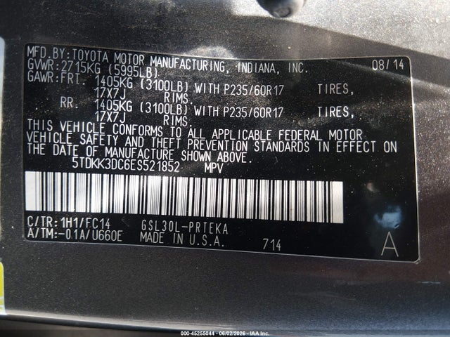 45255044 :رقم المزاد ، 5TDKK3DC6ES521852 vin ، 2014 Toyota Sienna Le V6 8 Passenger مزاد بيع