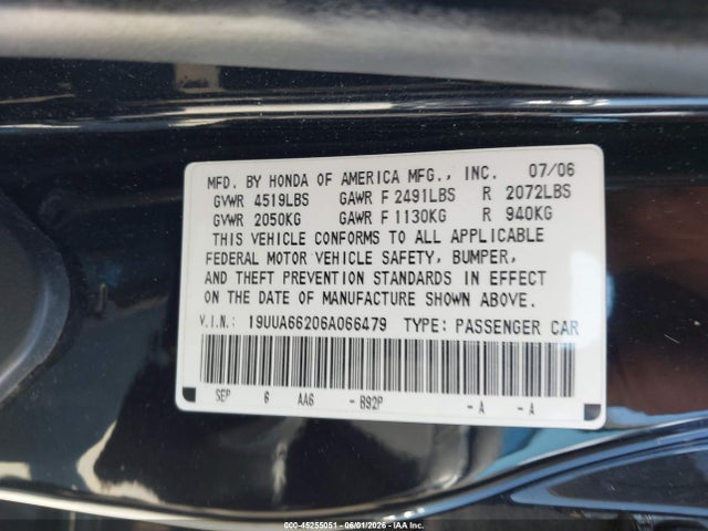 2006 Acura Tl მანქანა იყიდება აუქციონზე, vin: 19UUA66206A066479, აუქციონის ნომერი: 45255051