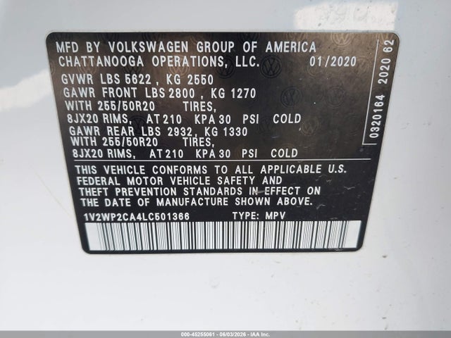Продажа на аукционе авто 2020 Volkswagen Atlas 2.0t Se W/technology, vin: 1V2WP2CA4LC501366, номер лота: 45255061