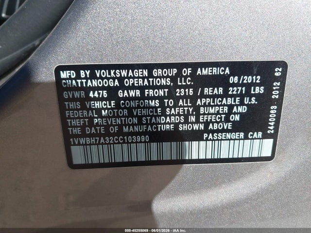 Продажа на аукционе авто 2012 Volkswagen Passat 2.5l Se, vin: 1VWBH7A32CC103990, номер лота: 45255069
