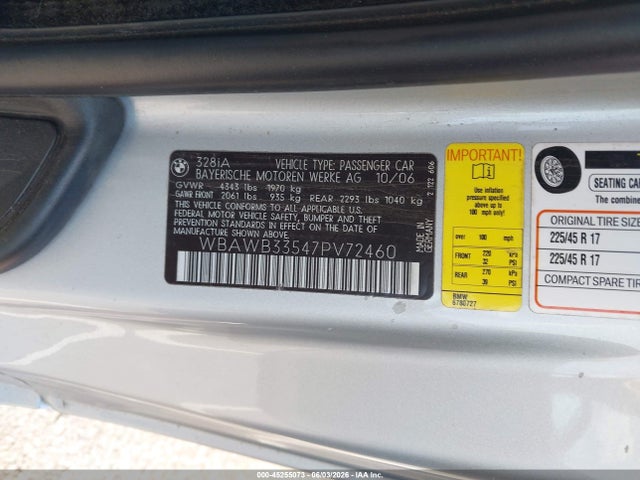 Продаж на аукціоні авто 2007 Bmw 328i, vin: WBAWB33547PV72460, номер лоту: 45255073
