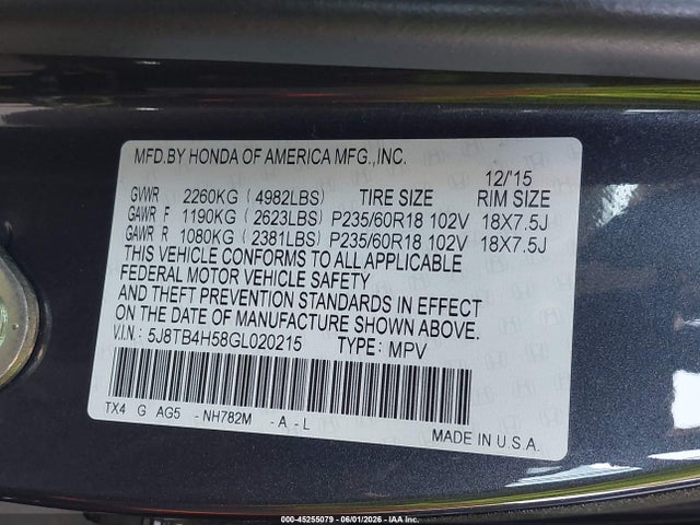 Aukcja sprzedaży 2016 Acura Rdx Technology   Acurawatch Plus Packages/technology Package, vin: 5J8TB4H58GL020215, numer aukcji: 45255079