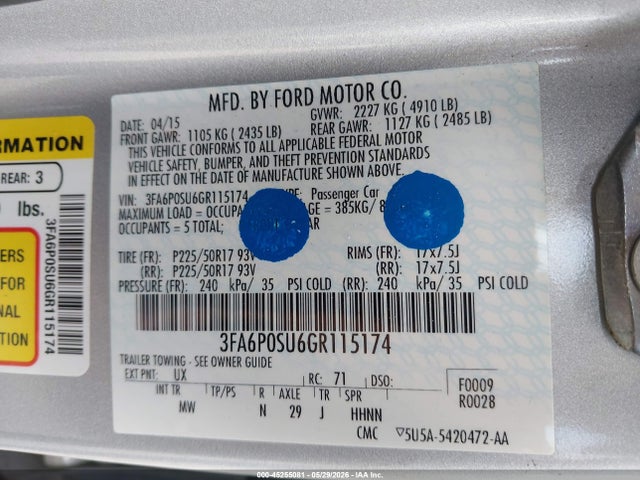 Продаж на аукціоні авто 2016 Ford Fusion Energi Titanium, vin: 3FA6P0SU6GR115174, номер лоту: 45255081