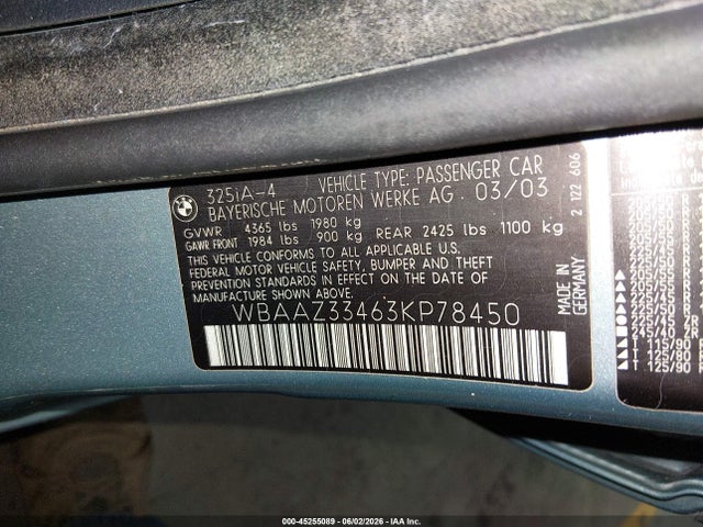 Aukcja sprzedaży 2003 Bmw 325i, vin: WBAAZ33463KP78450, numer aukcji: 45255089