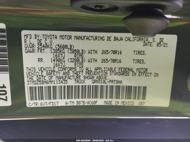 2021 Toyota Tacoma Trd Off-road მანქანა იყიდება აუქციონზე, vin: 3TMDZ5BN6MM113435, აუქციონის ნომერი: 45255095