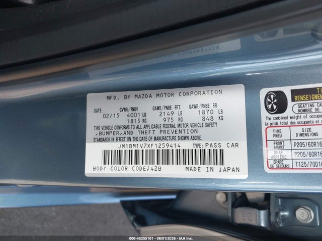 Aukcja sprzedaży 2015 Mazda Mazda3 I Touring, vin: JM1BM1V7XF1259414, numer aukcji: 45255101