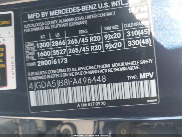Aukcja sprzedaży 2015 Mercedes-benz Ml 350, vin: 4JGDA5JB8FA496448, numer aukcji: 45255115