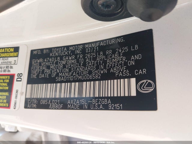 Aukcja sprzedaży 2021 Lexus Es 250, vin: 58AD11D17MU006582, numer aukcji: 45255120