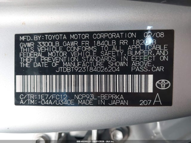 2008 Toyota Yaris მანქანა იყიდება აუქციონზე, vin: JTDBT923184026204, აუქციონის ნომერი: 45255121