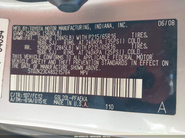 45255122 :رقم المزاد ، 5TDZK23C48S215764 vin ، 2008 Toyota Sienna Le مزاد بيع