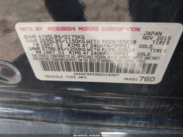 2016 Mitsubishi Outlander Es/se/sel მანქანა იყიდება აუქციონზე, vin: JA4AZ3A33GZ018397, აუქციონის ნომერი: 45255126