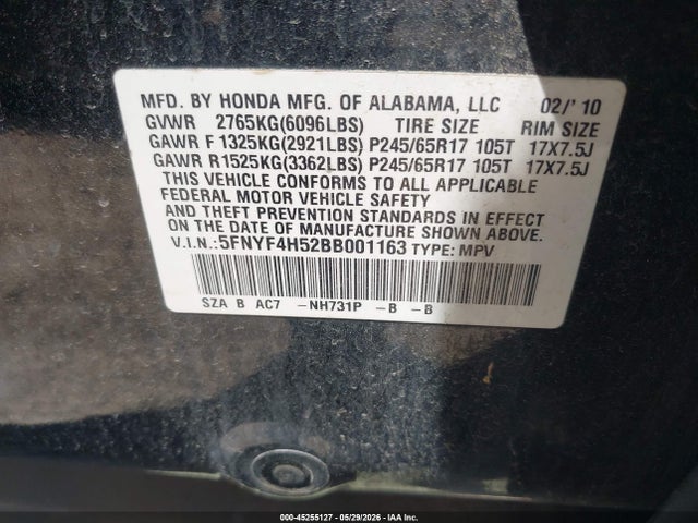 Auction sale of the 2011 Honda Pilot Ex-l, vin: 5FNYF4H52BB001163, lot number: 45255127