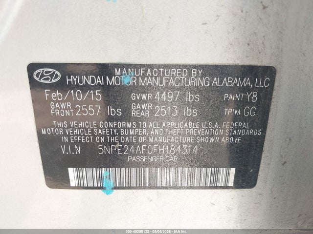 Aukcja sprzedaży 2015 Hyundai Sonata Se, vin: 5NPE24AF0FH184314, numer aukcji: 45255132