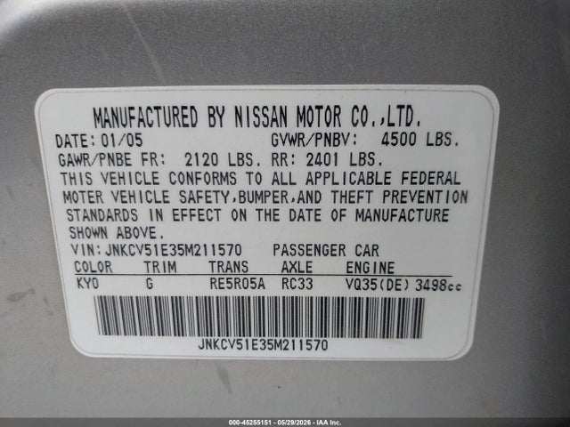 Продаж на аукціоні авто 2005 Infiniti G35, vin: JNKCV51E35M211570, номер лоту: 45255151