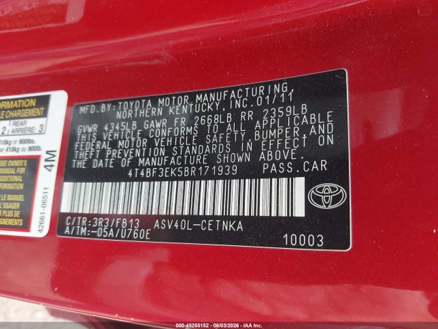Aukcja sprzedaży 2011 Toyota Camry Le, vin: 4T4BF3EK5BR171939, numer aukcji: 45255152