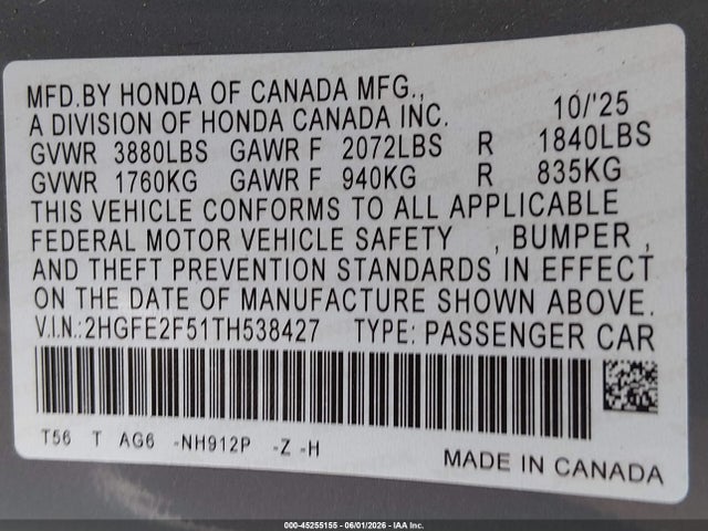 Продажа на аукционе авто 2026 Honda Civic Sport, vin: 2HGFE2F51TH538427, номер лота: 45255155